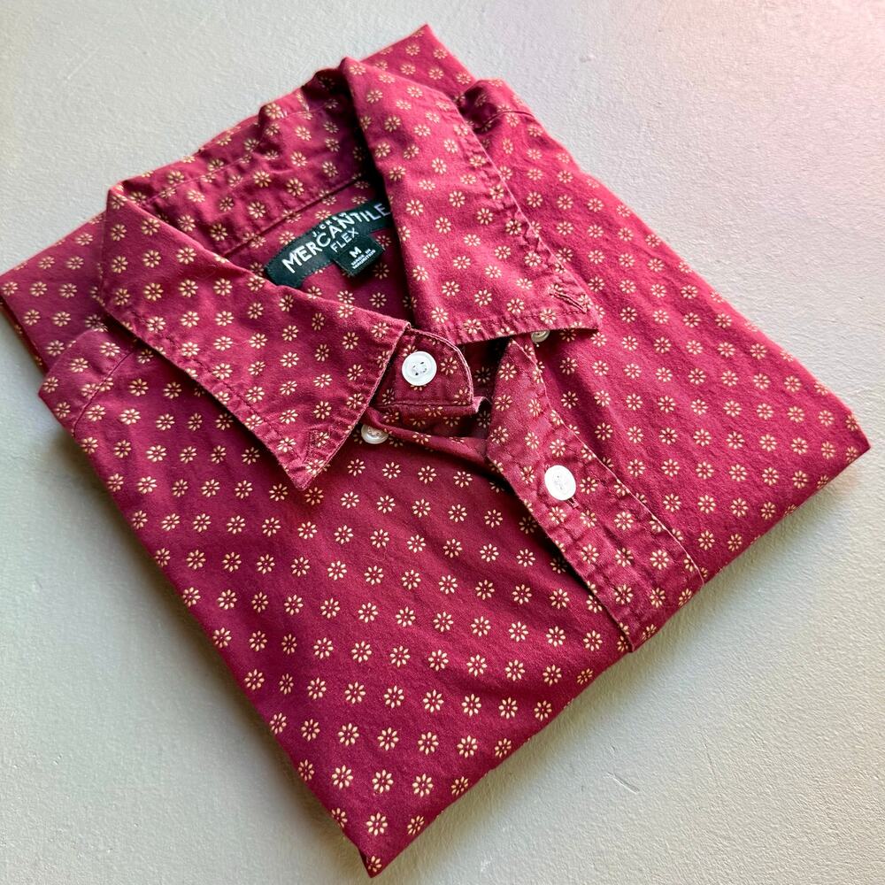 J.Crew Mercantile Flex Short Sleeve Button Down Mens Medium Burgundy Geometric